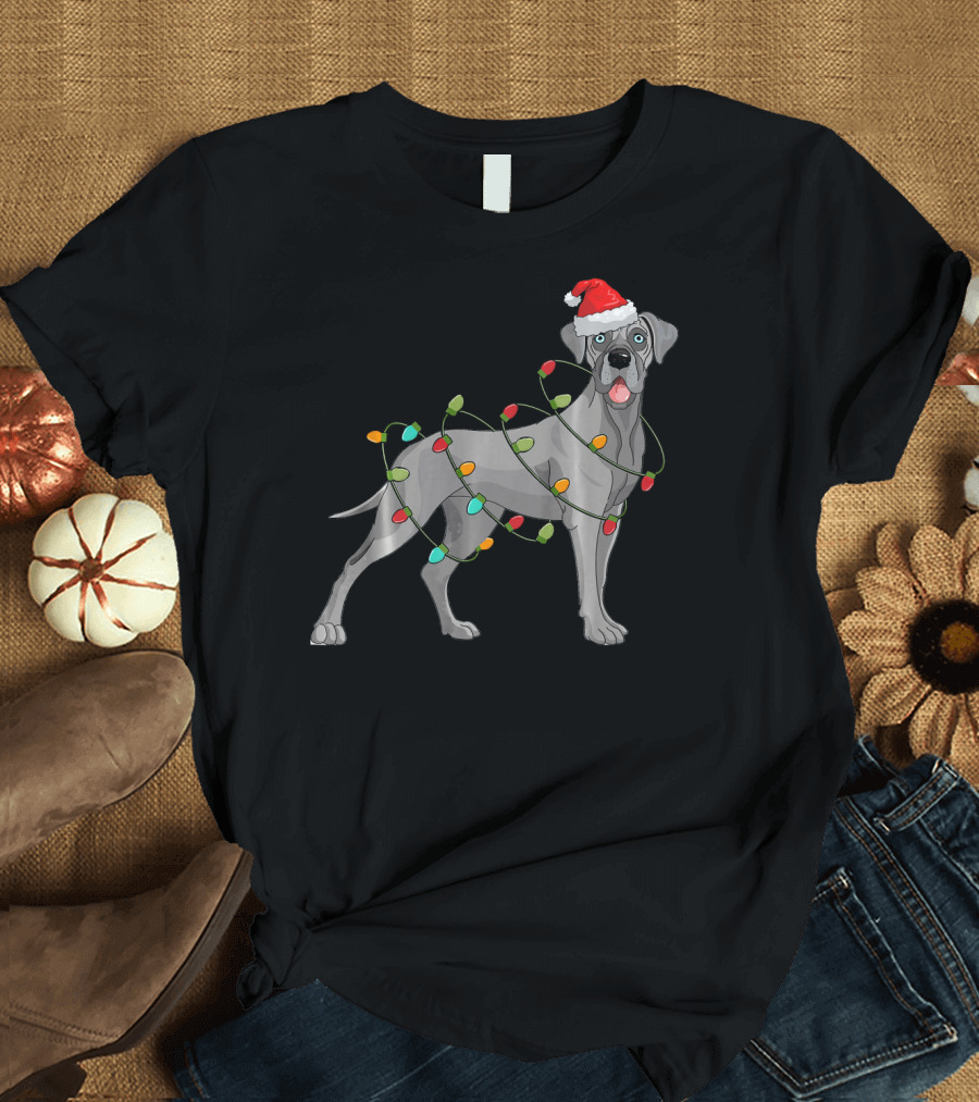 Great Dane Wrapped in Christmas Lights with Santa Hat T-Shirt