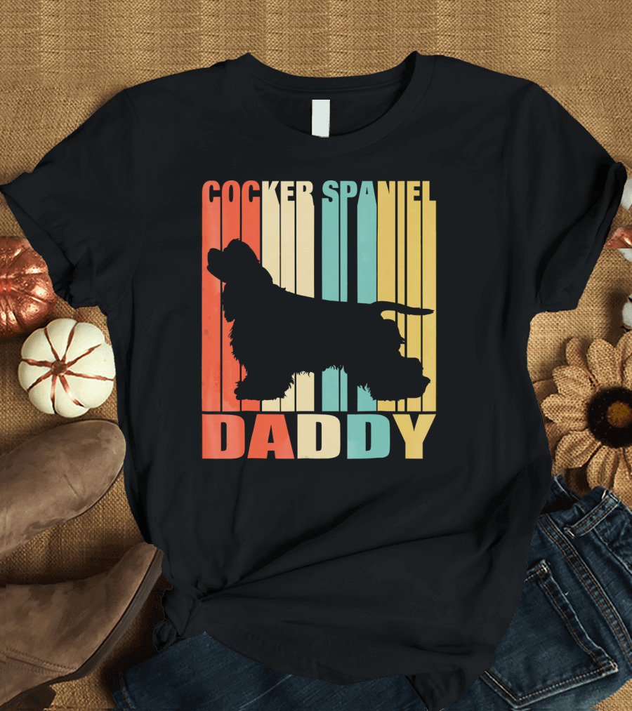 Cocker Spaniel Daddy Silhouette Retro Stripes T-Shirt