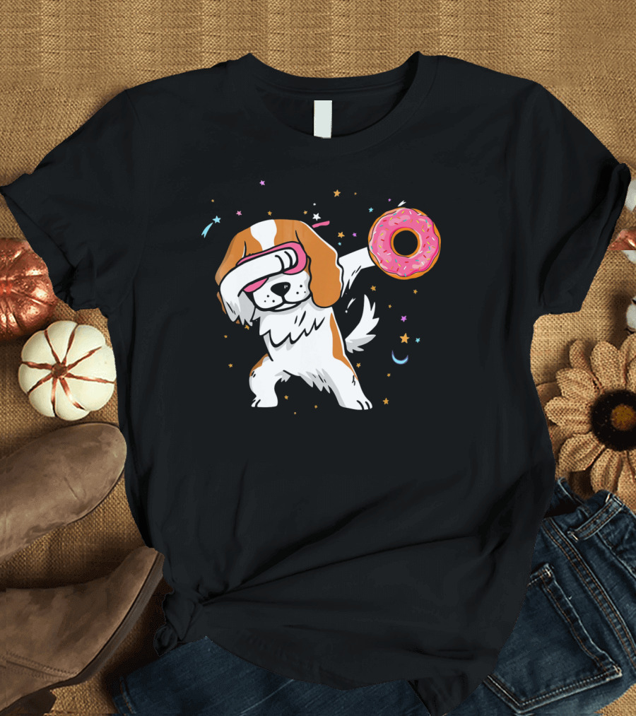Dabbing Cavalier King Charles Spaniel with Pink Frosted Donut and Stars T-Shirt
