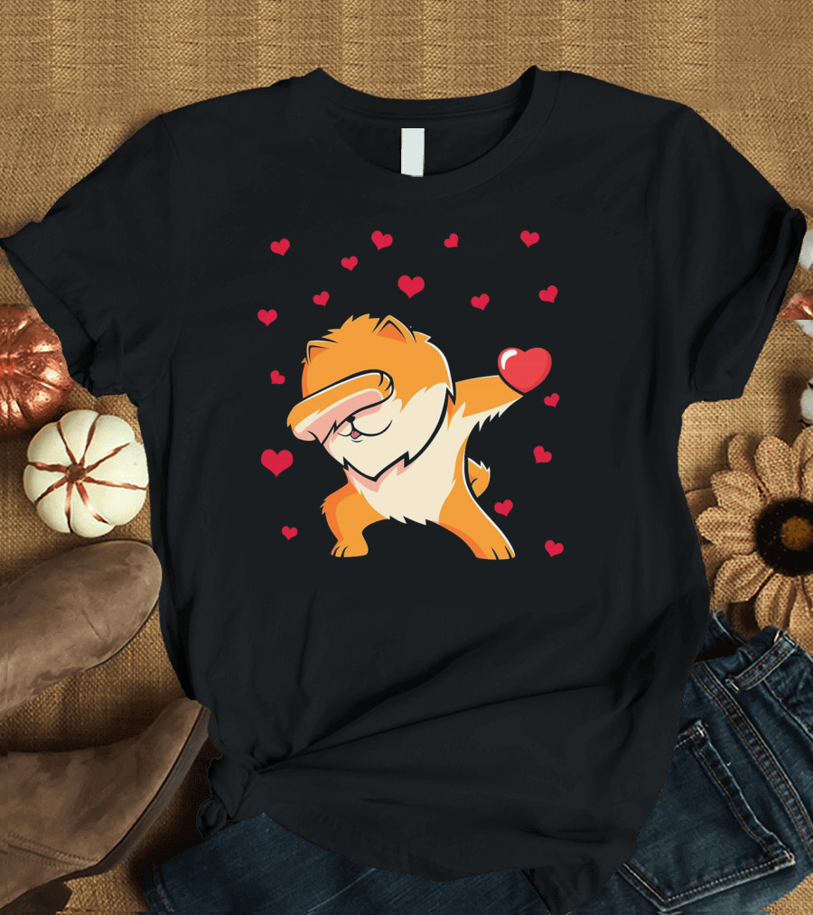 Dabbing Pomeranian Dog Surrounded by Hearts Holding Heart T-Shirt