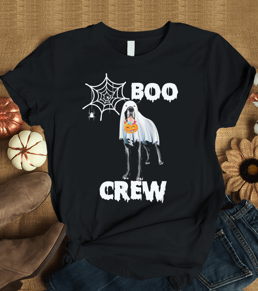 Great Dane Boo Crew Halloween Dog Ghost with Spider Web and Pumpkin T-Shirt