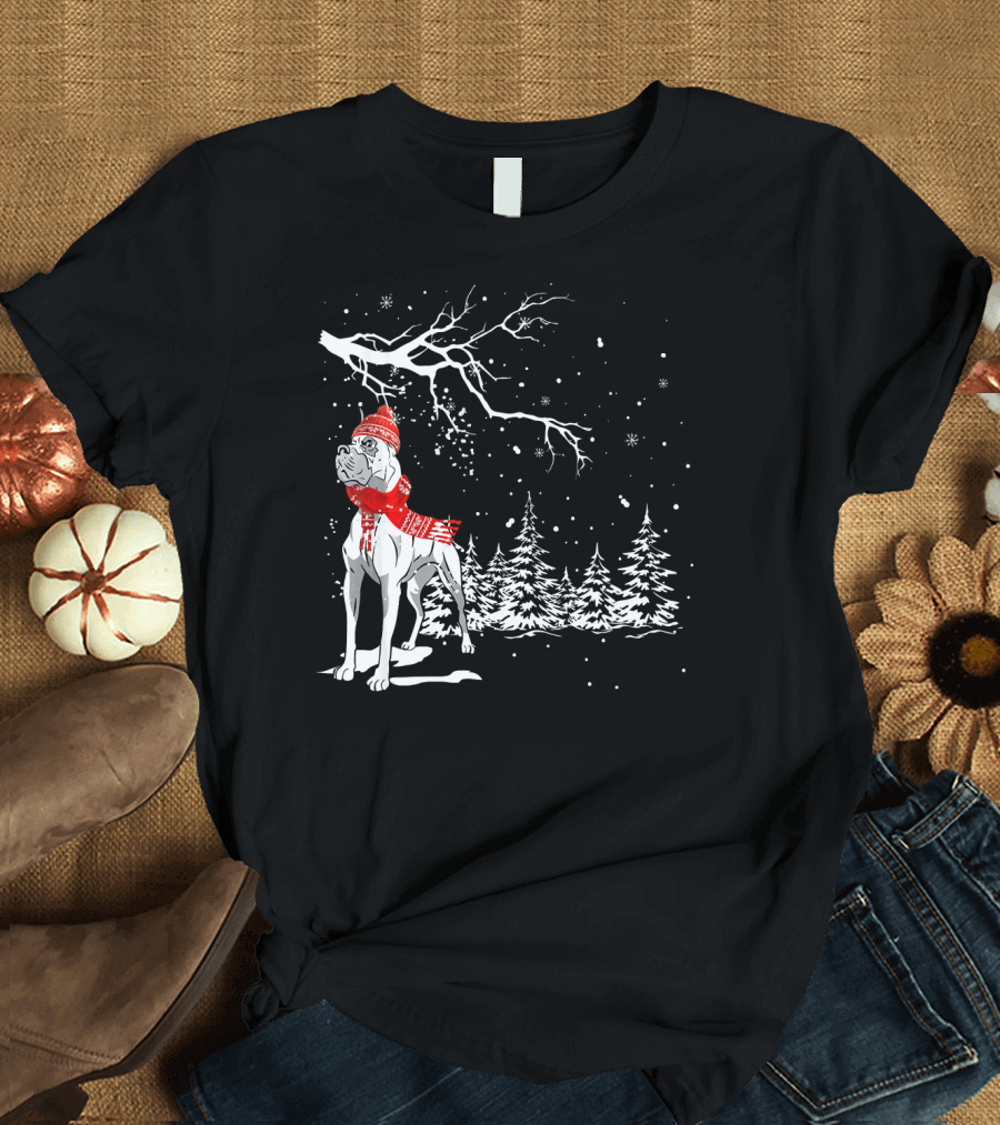 Funny Great Dane Dog Snow Winter Scene with Red Scarf and Hat T-Shirt