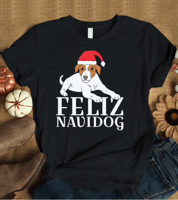 T-Shirt: Feliz Navidog Jack Russell Terrier with Santa Hat T-Shirt Feliz Navidog Jack Russell Terrier with Santa Hat T-Shirt