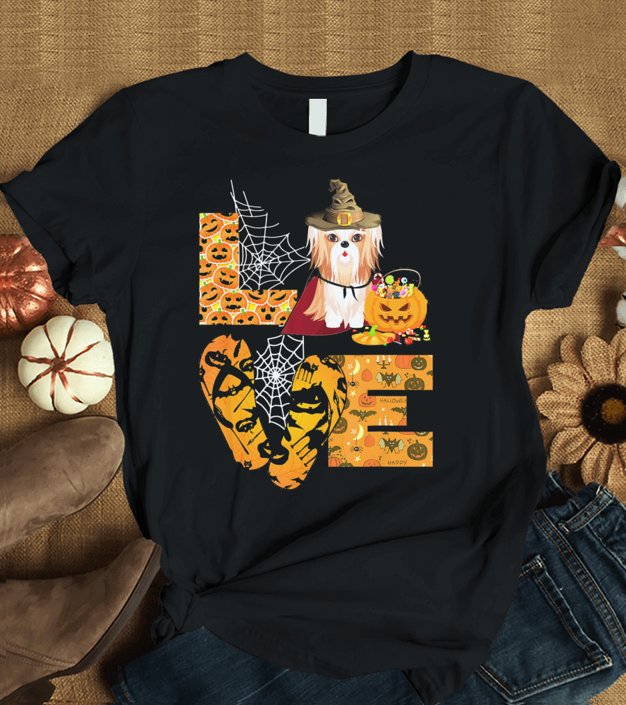 LOVE Shih Tzu Pumpkin Halloween Happy Spiderwebs T-Shirt