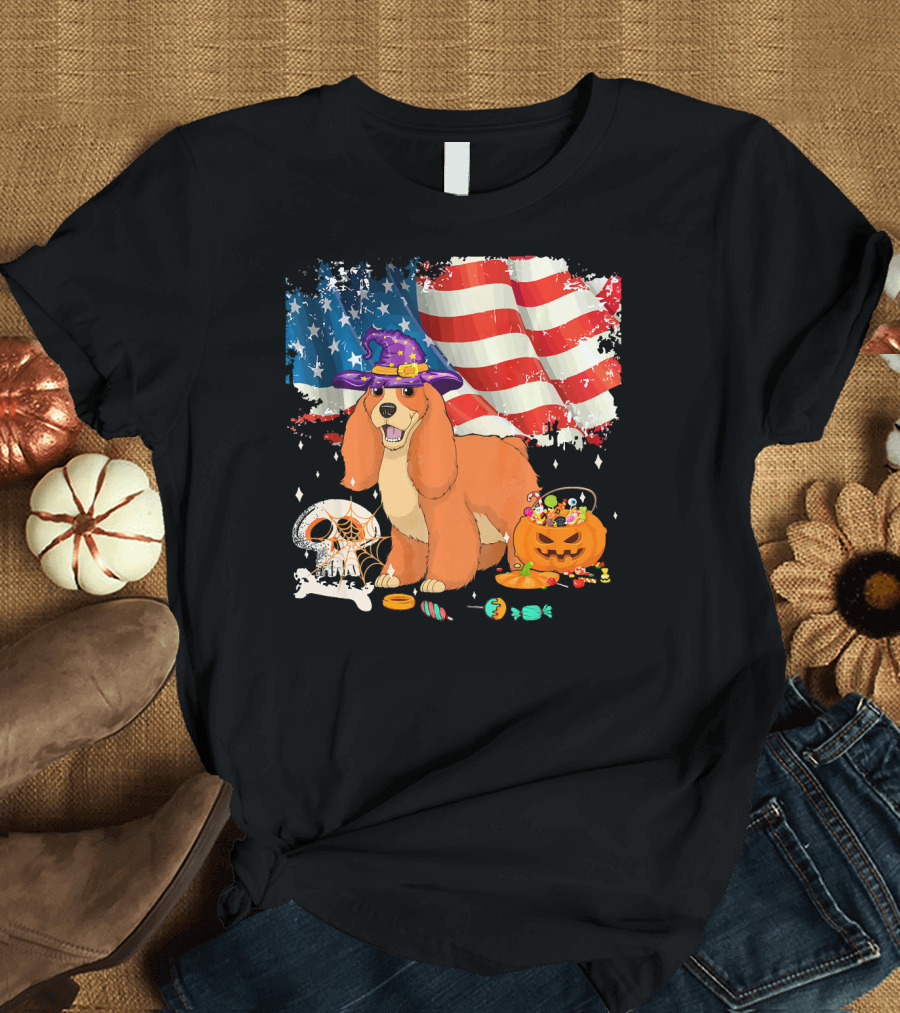 Cocker Spaniel Halloween Witch Dog with American Flag and Candy T-Shirt