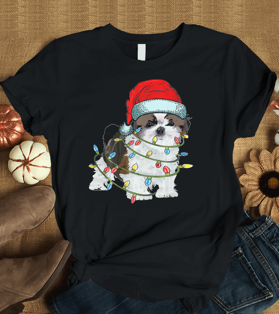 Shih Tzu Christmas Lights Santa Hat Dog T-Shirt