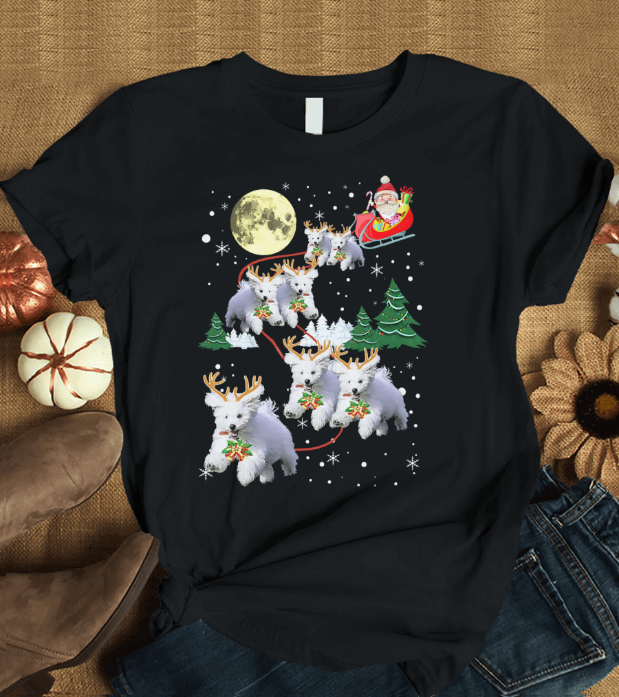 Funny Maltese Christmas Pajama Reindeer Dogs Santa Moon Snow Trees T-Shirt