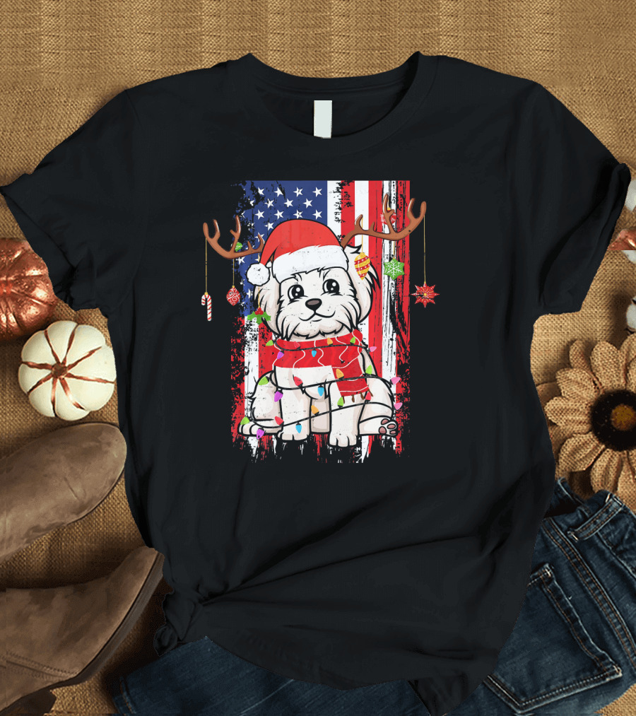 Maltese Dog Christmas Santa Hat USA Flag Antlers Lights Tree Ornaments T-Shirt