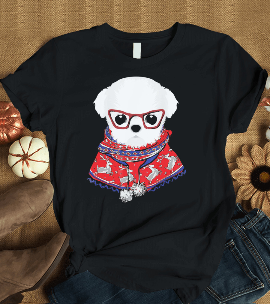 Maltese Dog with Reindeer Scarf and Glasses for Christmas Holidays T-Shirt