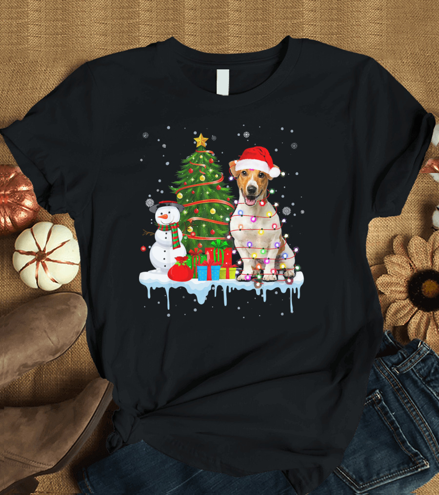 Jack Russell Santa Hat Wrapped in Christmas Lights with Tree and Snowman T-Shirt