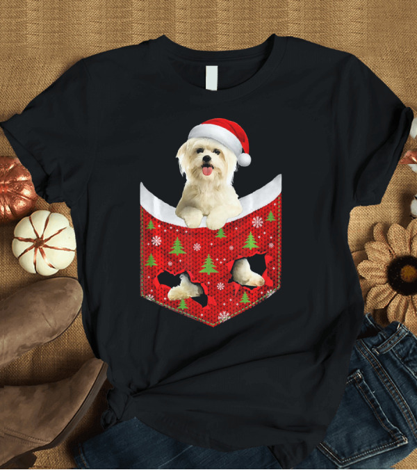 T-Shirt: Maltese Dog in Santa Hat Christmas Pocket with Snowflakes and Trees T-Shirt Maltese Dog in Santa Hat Christmas Pocket with Snowflakes and Trees T-Shirt