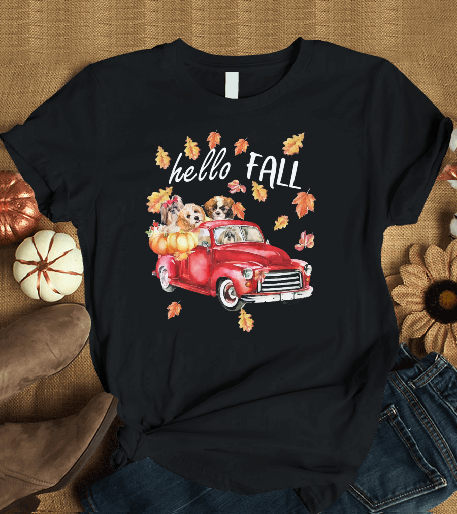 Hello Fall Halloween Shih Tzu Red Truck with Pumpkins and Leaves Fun T-Shirt