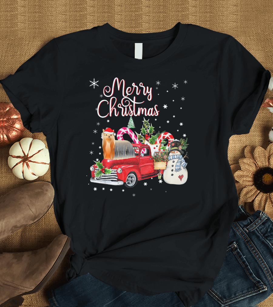 Merry Christmas Shih Tzu Santa Hat Red Truck Snowman Candy Cane T-Shirt