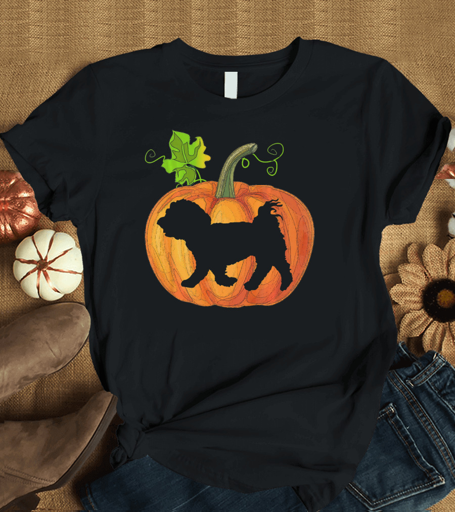 Maltese Dog Silhouette Inside Halloween Pumpkin with Leaf and Stem T-Shirt