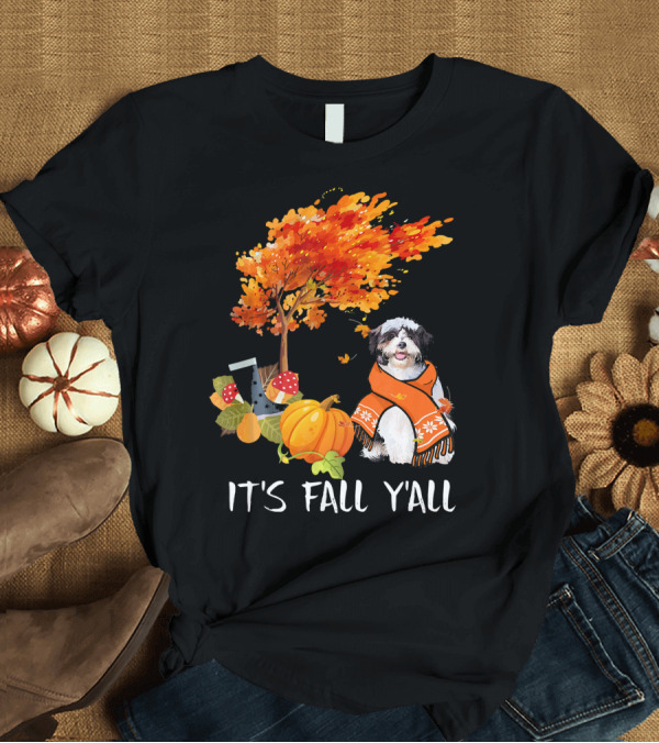 T-Shirt: It's Fall Y'all Shih Tzu Autumn Scene with Pumpkins and Scarf T-Shirt It's Fall Y'all Shih Tzu Autumn Scene with Pumpkins and Scarf T-Shirt