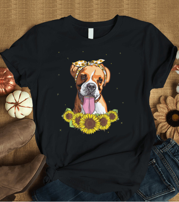 T-Shirt: Girls Boxer Dog with Sunflower Bandana and Sunflowers T-Shirt Girls Boxer Dog with Sunflower Bandana and Sunflowers T-Shirt