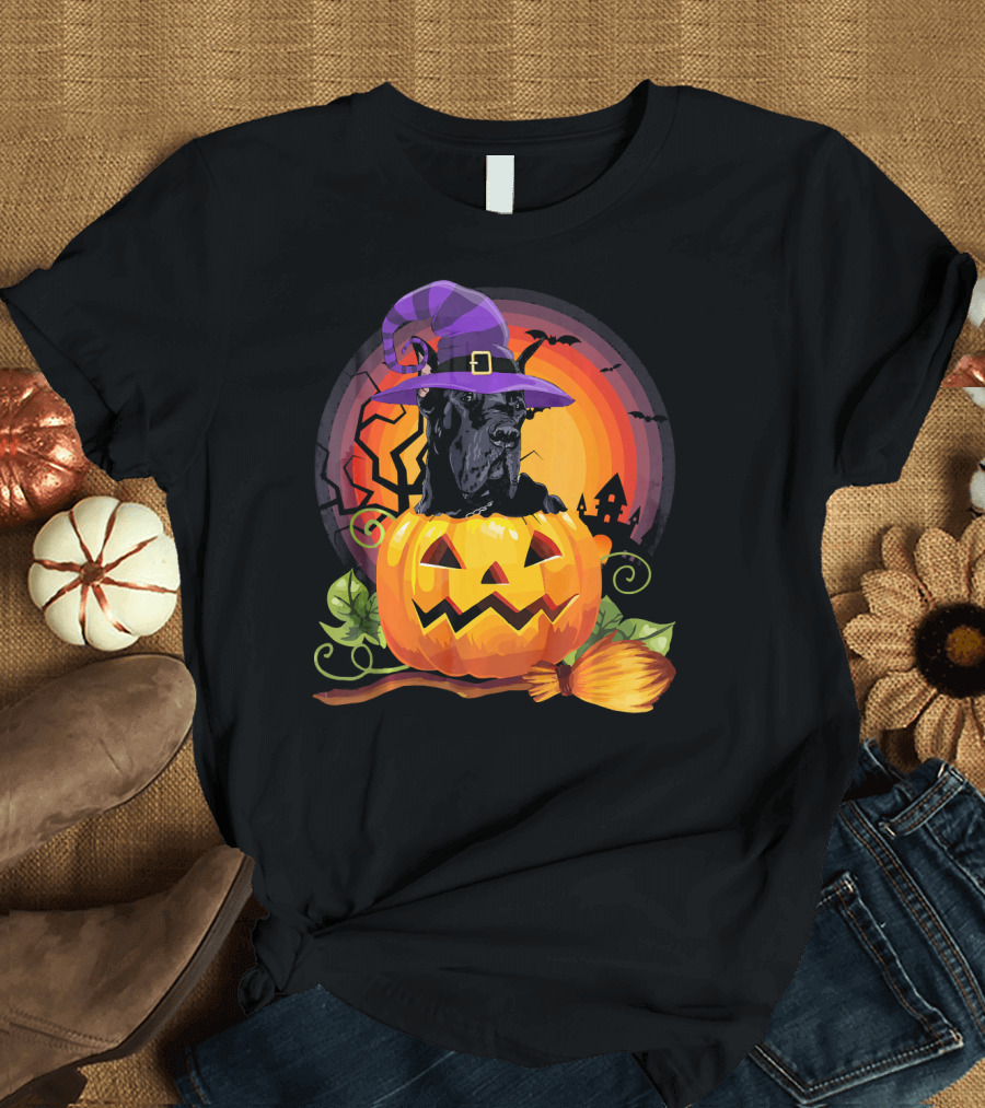 Great Dane Witch in Pumpkin with Halloween Scene T-Shirt