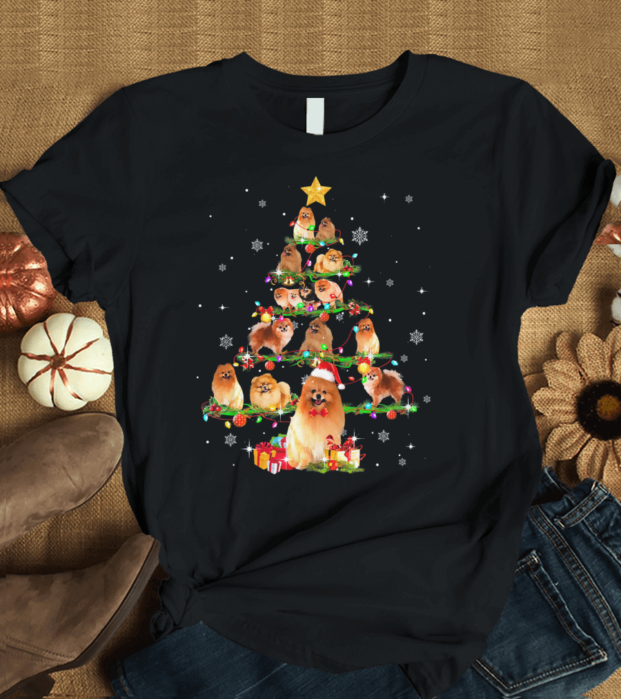 Pomeranian Christmas Santa Tree with Funny Holiday Dogs T-Shirt