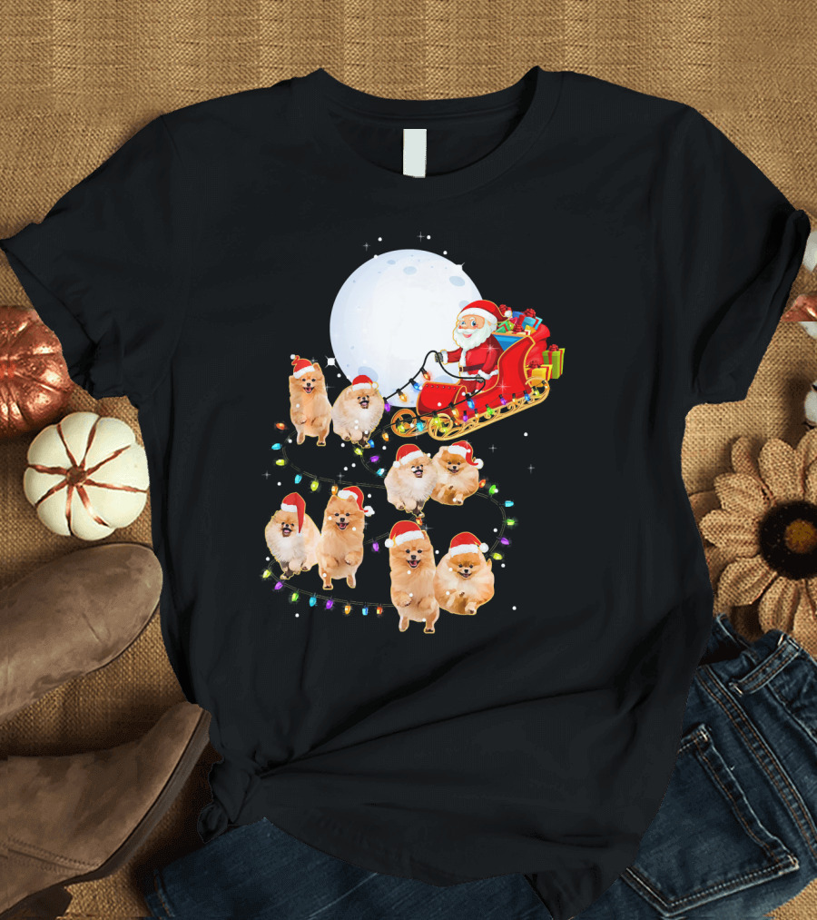 Santa Sleigh Pomeranian Christmas Reindeer with Lights T-Shirt