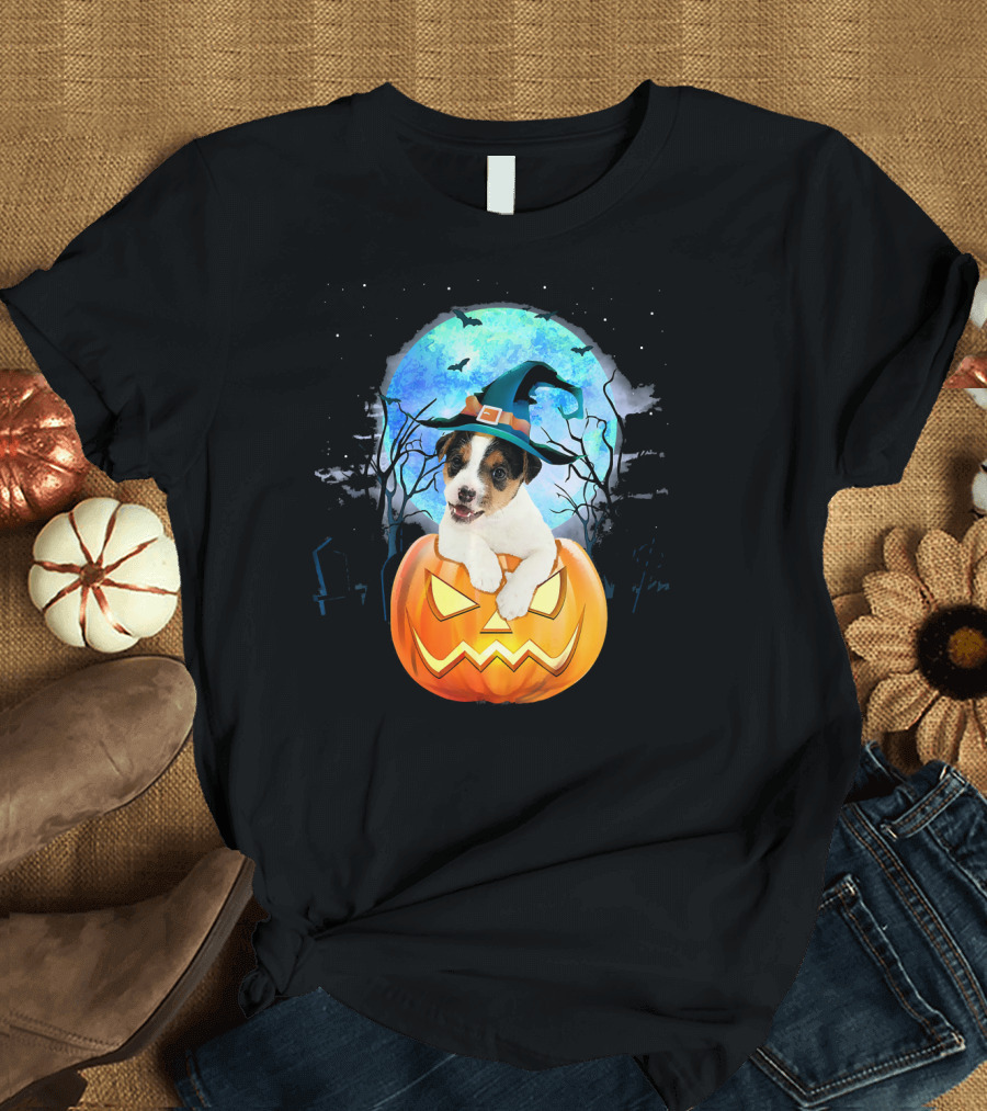 Jack Russell Puppy Witch Hat Blue Moon Haunted Halloween Pumpkin T-Shirt