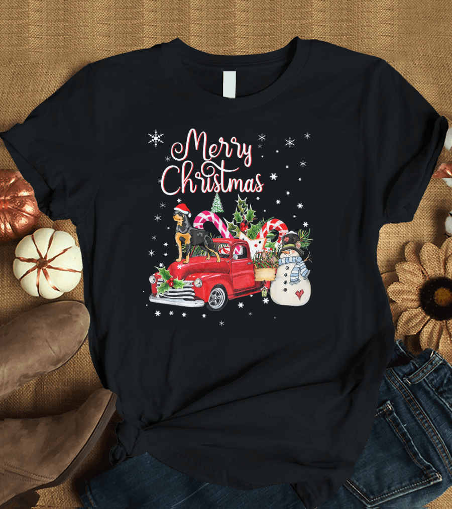 Merry Christmas Rottweiler on Red Truck with Candy Canes and Snowman T-Shirt