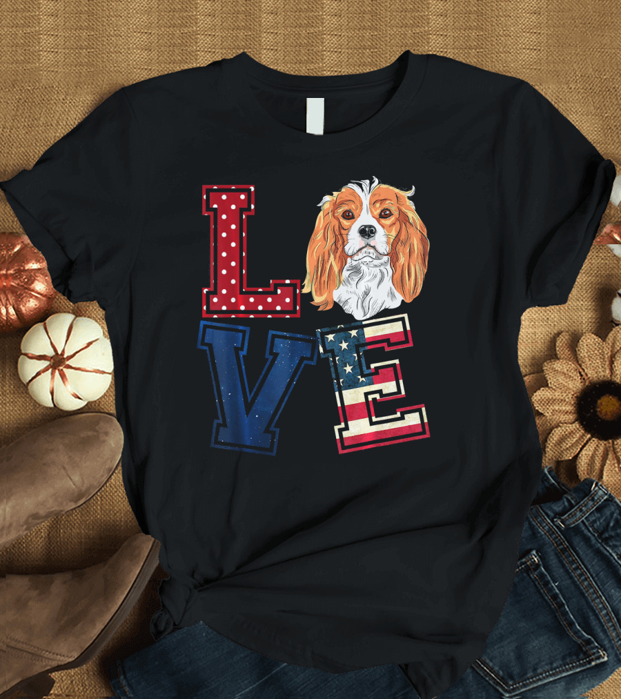 LOVE Cavalier King Charles Spaniel Face with Polka Dot and American Flag Letters T-Shirt