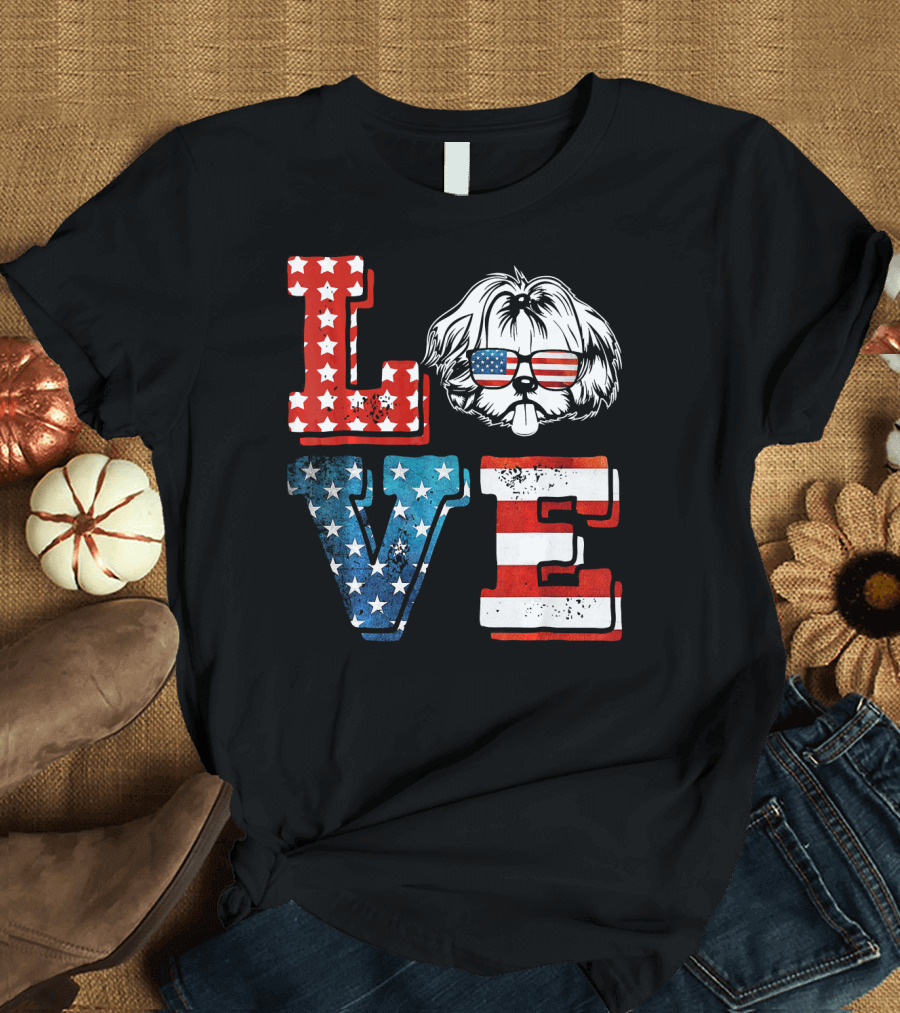LOVE Shih Tzu American Flag Sunglasses USA Patriotic T-Shirt