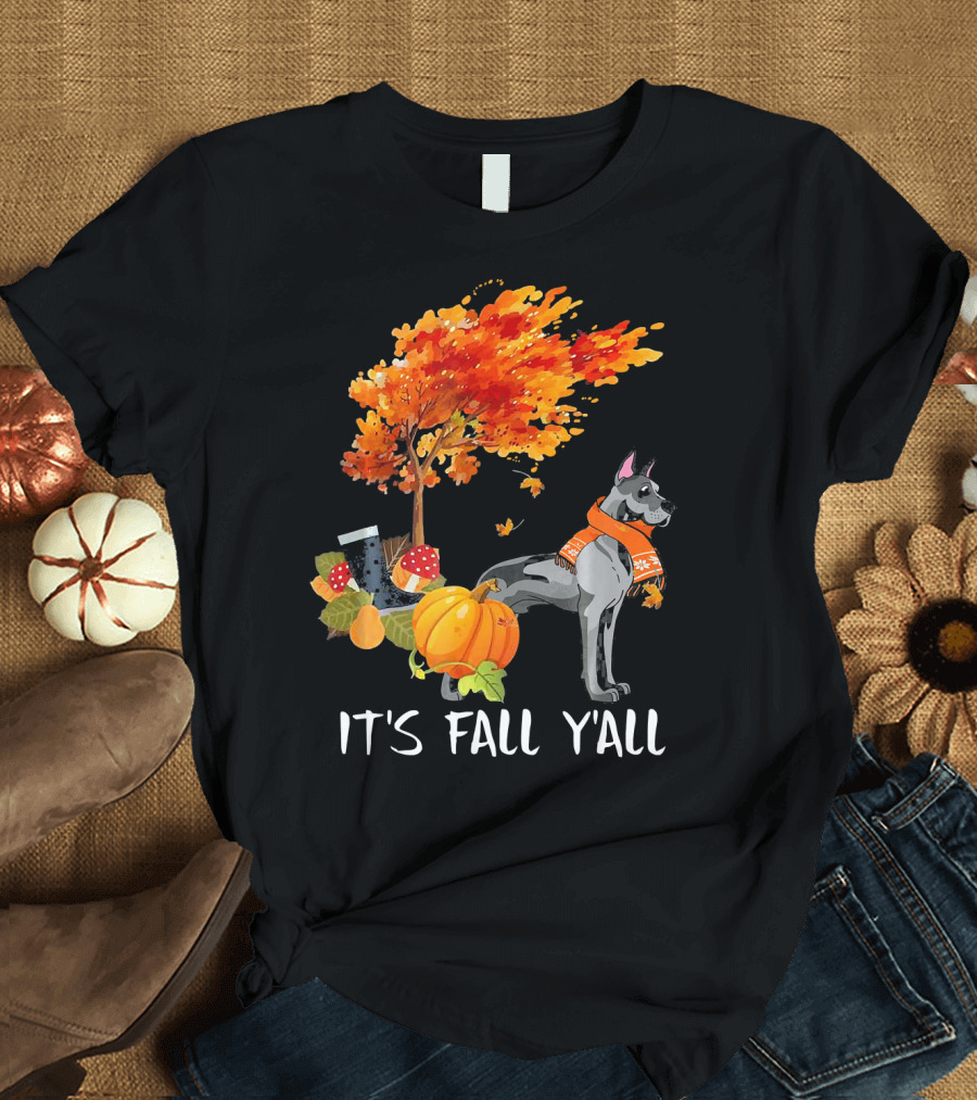 Its Fall Yall Great Dane Autumn Leaves Pumpkin Hat Scarf T-Shirt