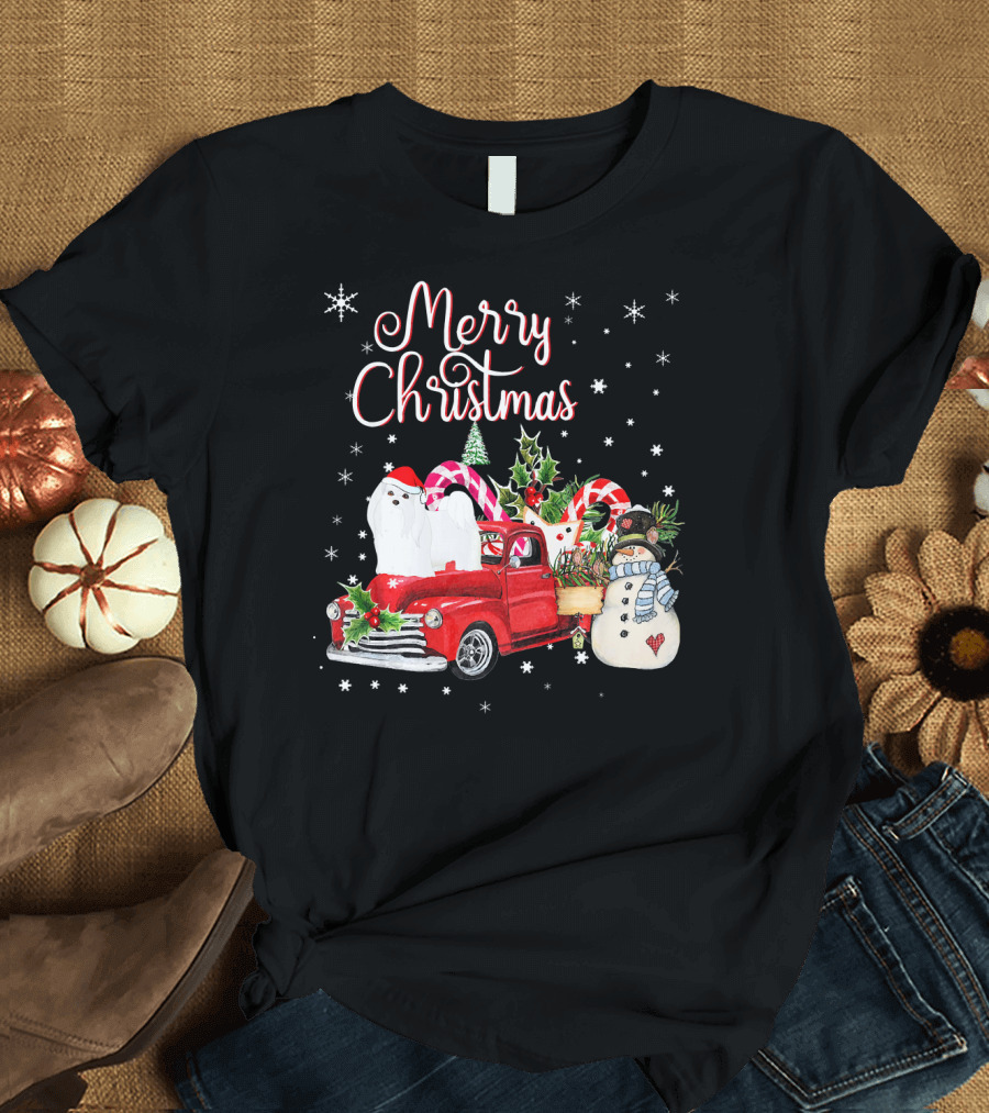 Merry Christmas Funny Maltese Dog on Red Truck with Snowman and Candy Canes T-Shirt