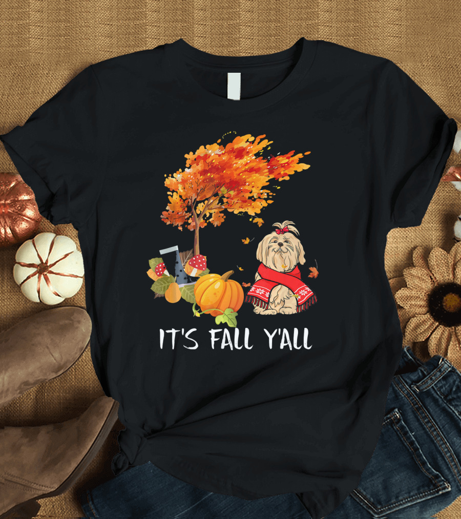 It's Fall Y'all Maltese Dog with Pumpkin and Autumn Tree T-Shirt
