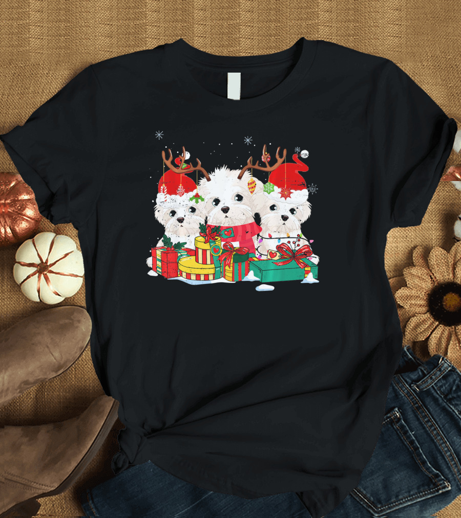 Maltese Dog Christmas Presents Tree Santa Hat Reindeer Antlers T-Shirt