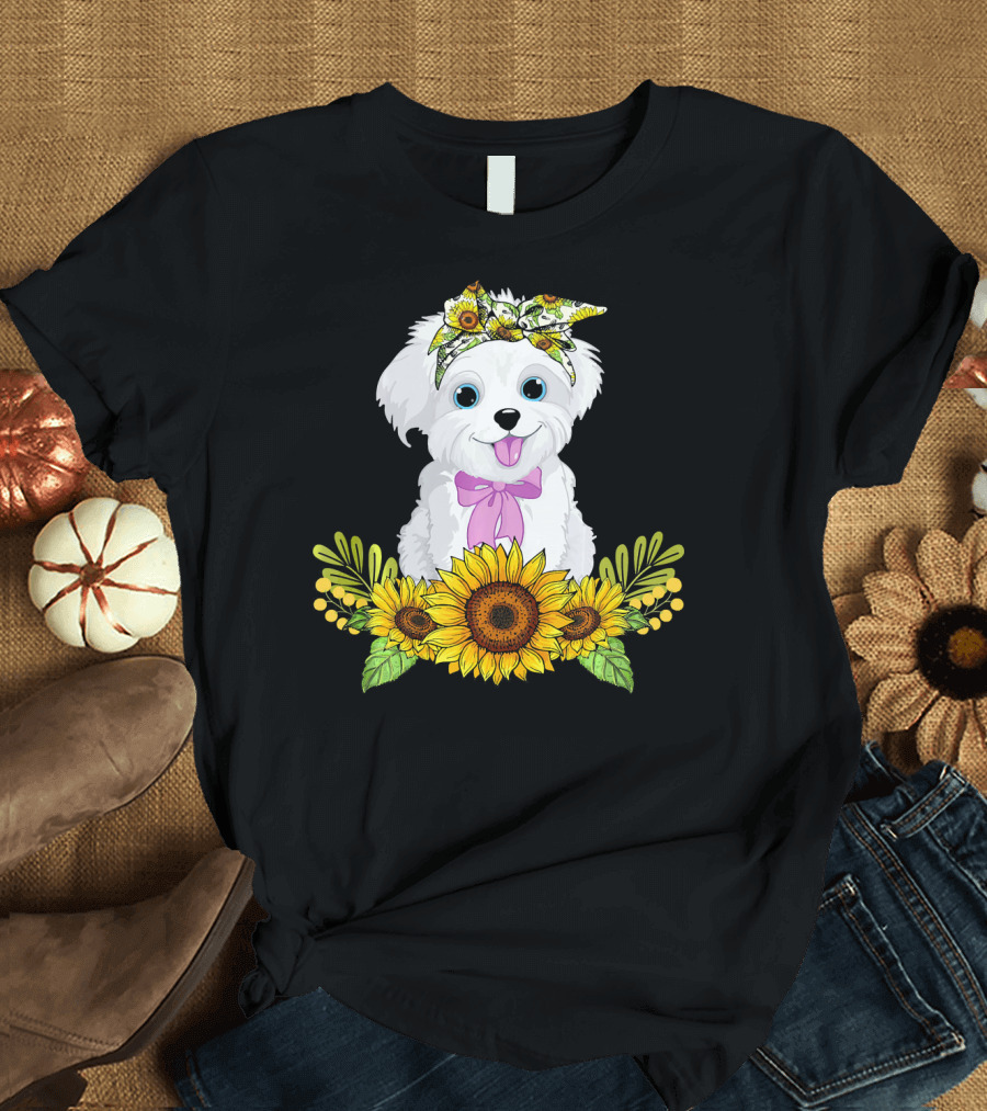 Maltese Sunflower Dog with Bandana and Bow Surrounded by Sunflowers T-Shirt