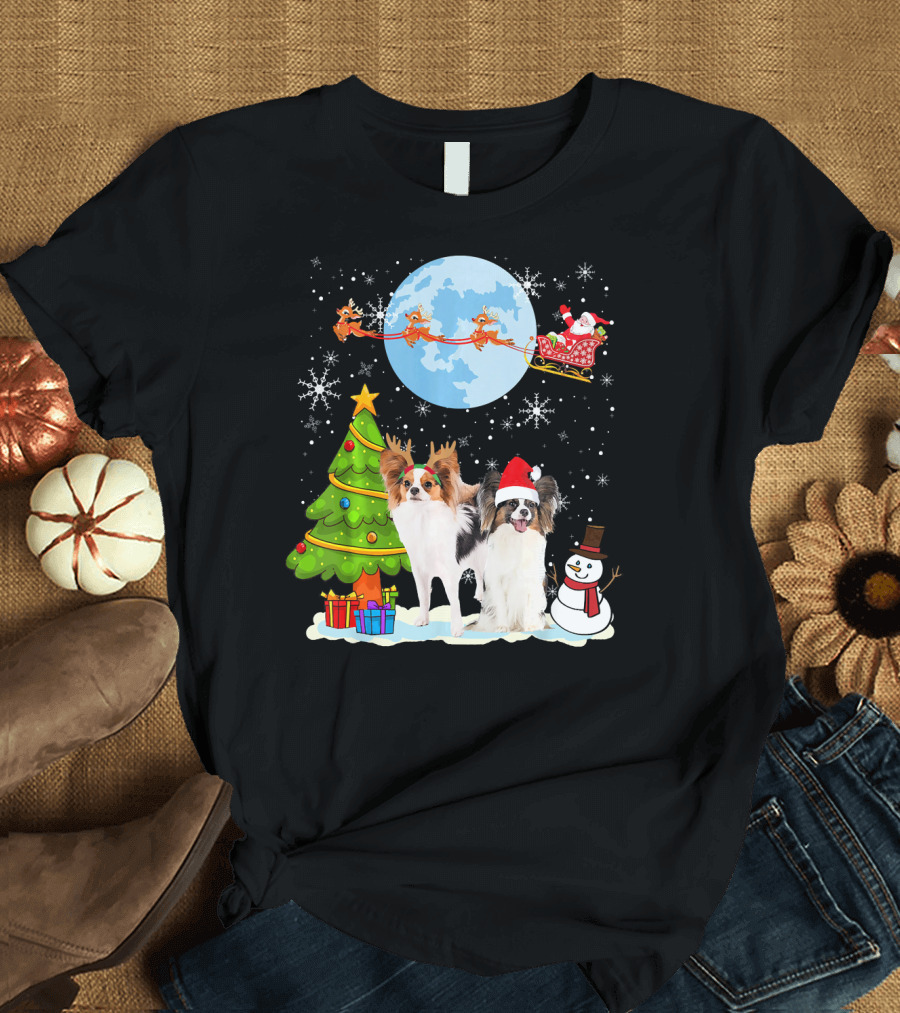 Papillon Christmas Moon with Santa and Reindeer Sleigh T-Shirt
