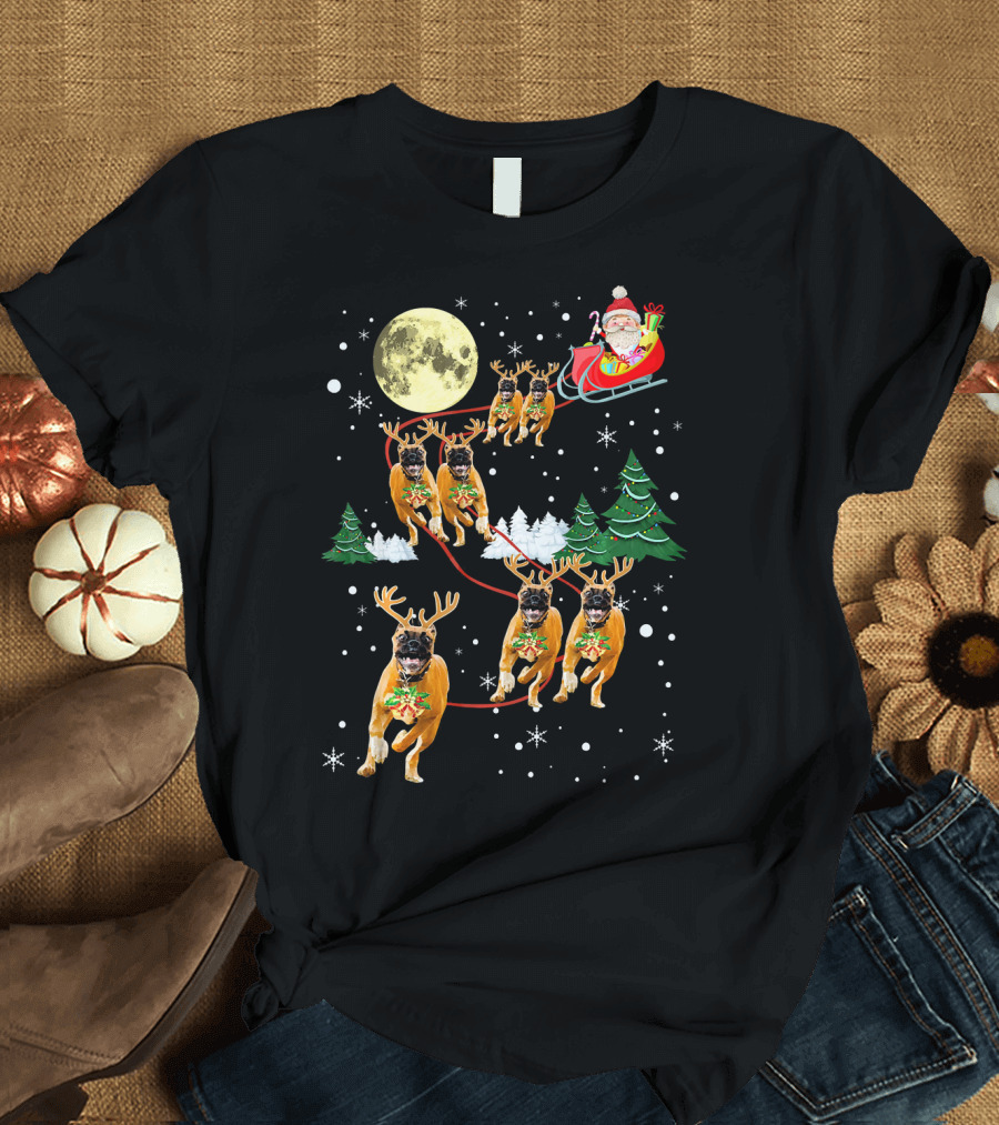 Santa Sleigh with Funny Reindeer Boxer Dogs Under Full Moon Christmas Scene T-Shirt