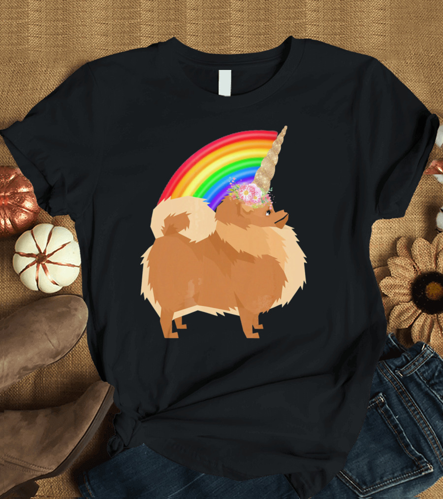 Pomeranian Dog with Rainbow Unicorn Horn and Flowers T-Shirt
