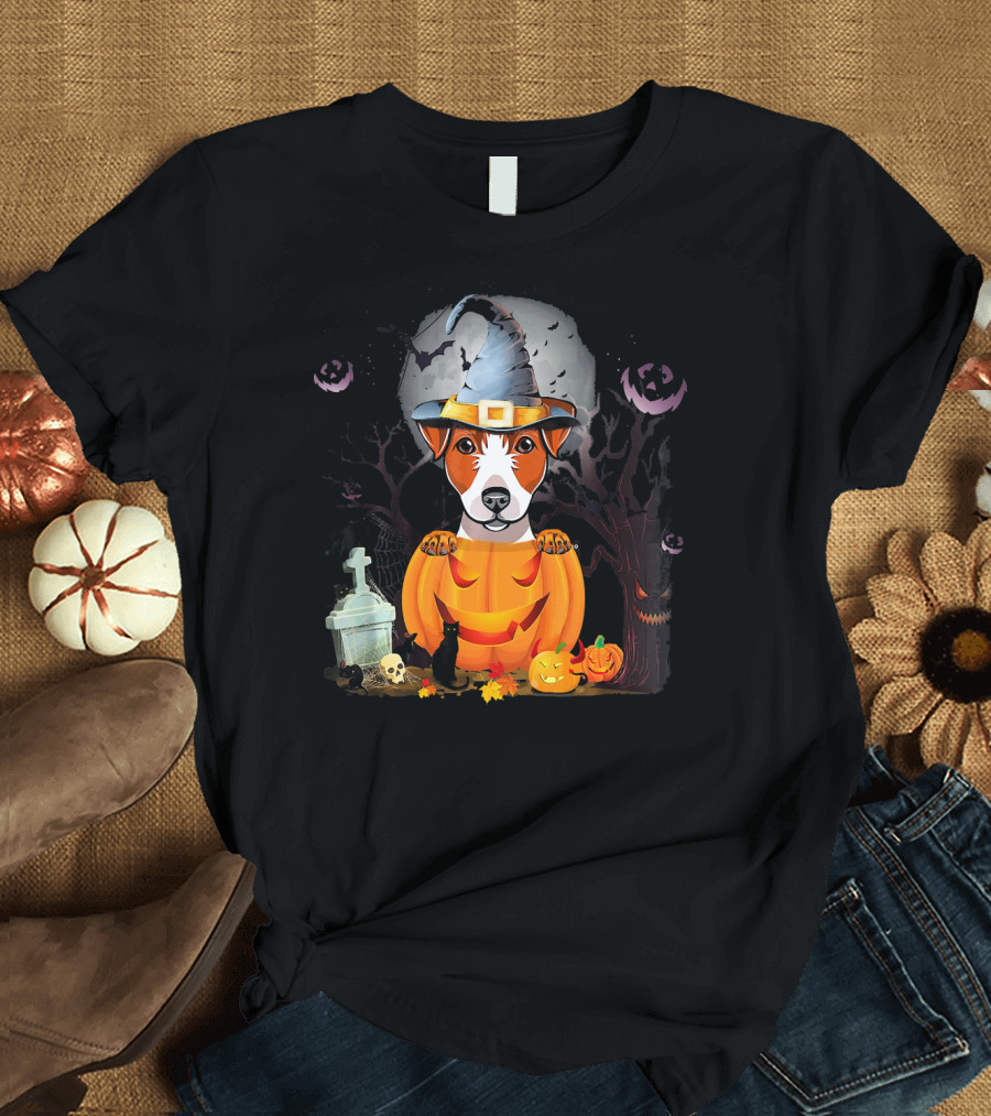 Jack Russell Dog Witch Hat Halloween Pumpkin T-Shirt