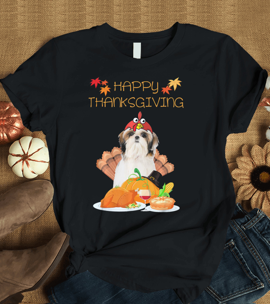 Happy Thanksgiving Shih Tzu with Turkey and Fall Harvest T-Shirt