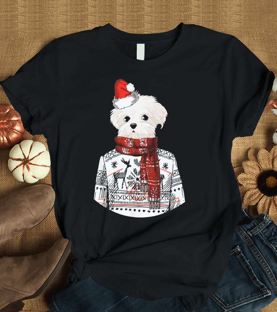 Maltese Dog in Santa Hat with Festive Sweater and Scarf Merry Christmas T-Shirt