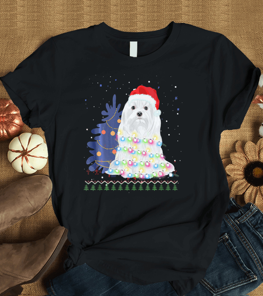 Maltese Christmas Tree Lights with Santa Hat and Festive Background T-Shirt