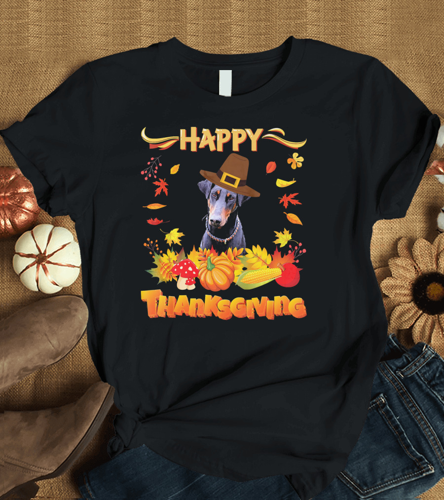 Happy Thanksgiving Doberman Pinscher Pilgrim Hat Autumn Leaves Corn Pumpkin T-Shirt