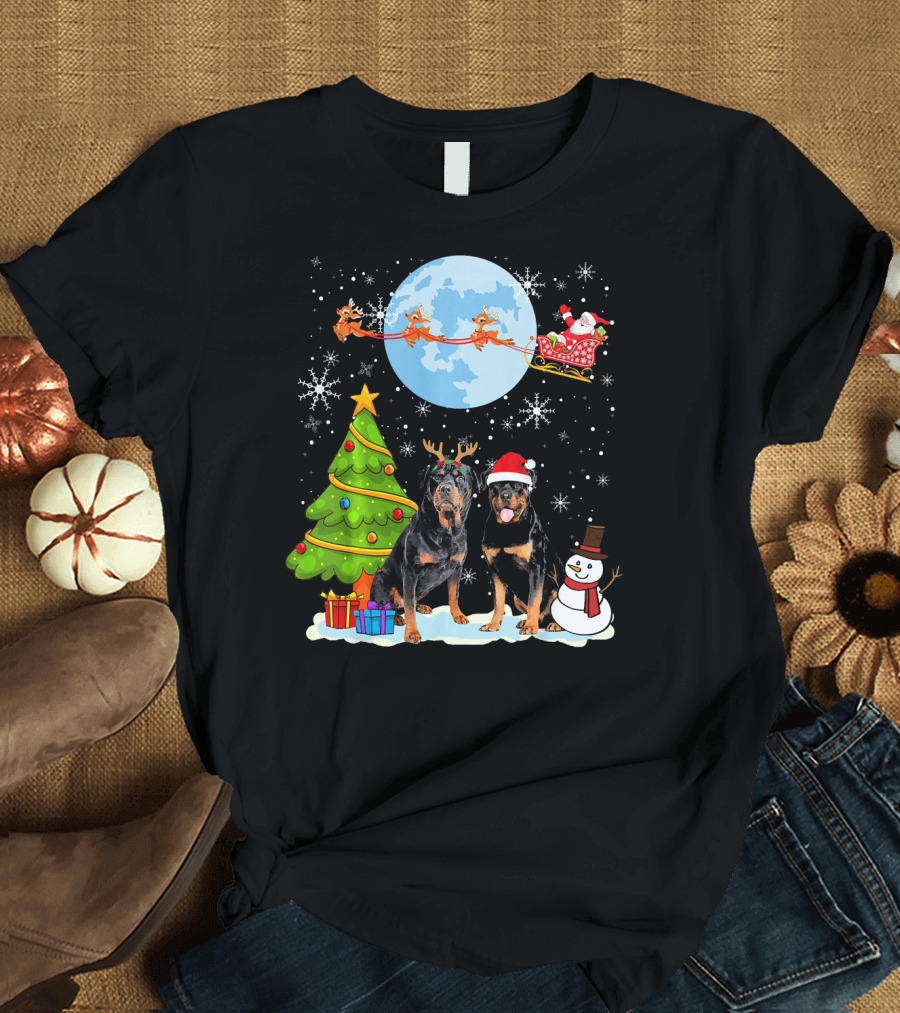 Rottweiler Christmas Santa Moon Reindeer Sleigh Tree Snowman T-Shirt