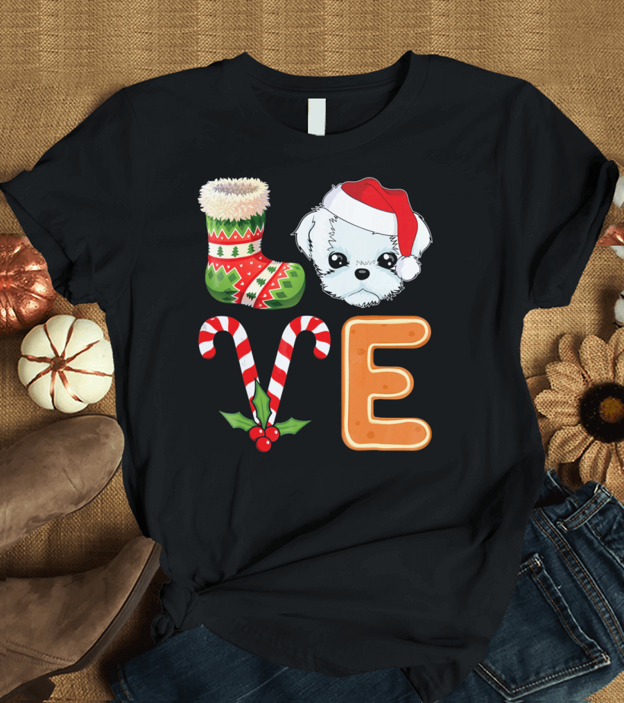 Maltese Lover Xmas Stocking Santa Candy Canes Gingerbread T-Shirt
