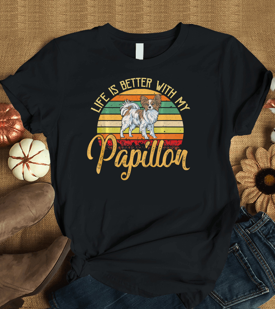 Life Is Better With My Papillon Retro Sunset Vintage Dog T-Shirt