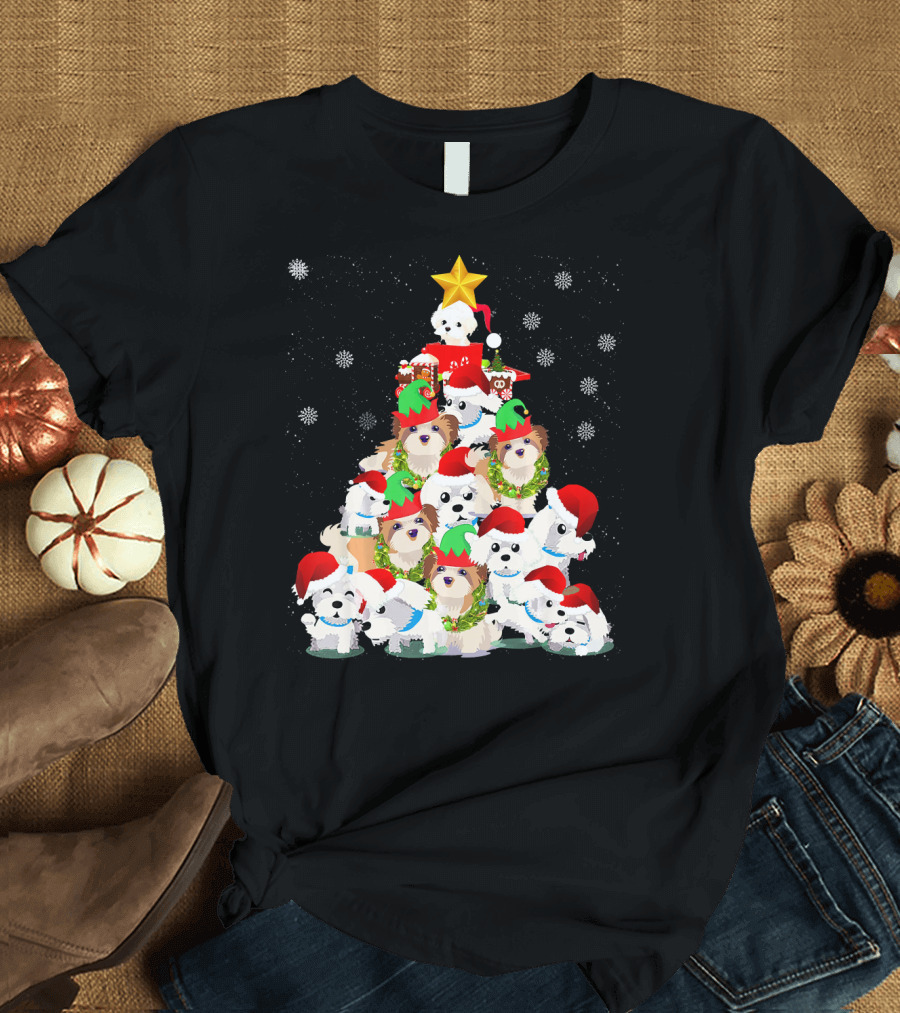 Maltese Christmas Tree with Snowflakes and Santa Hats T-Shirt