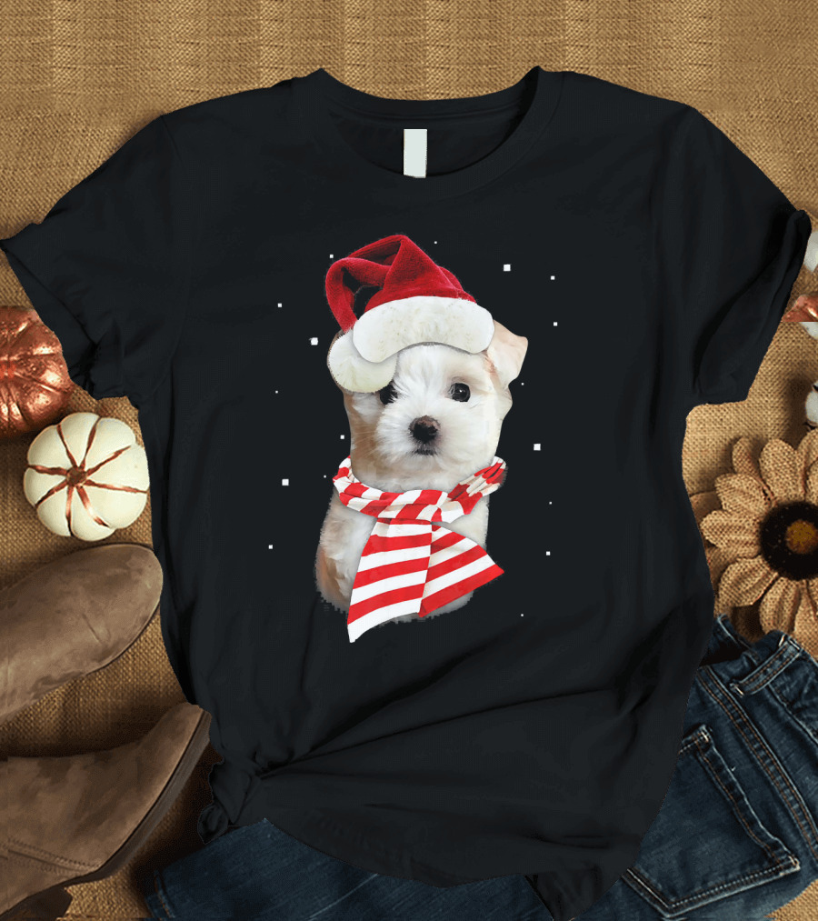 Maltese Santa Merry Xmas Christmas Snowflakes Dog in Hat and Scarf T-Shirt