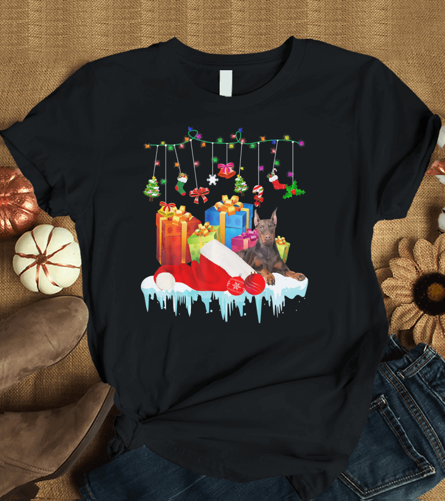 Doberman with Santa Hat and Christmas Decorations with Gifts and Holiday Lights T-Shirt