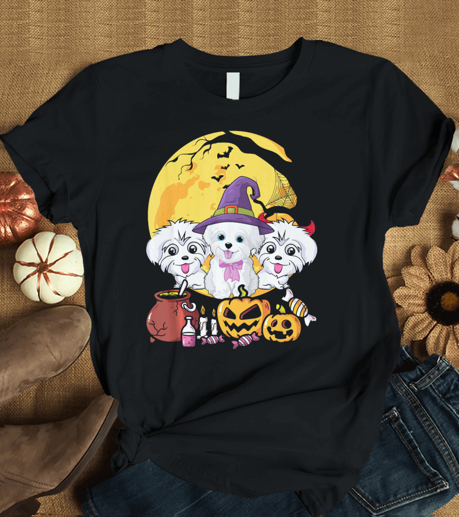 Maltese Dog Witch Halloween Ghost Moon Pumpkins T-Shirt