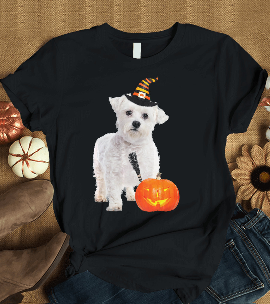 Maltese Dog with Witch Hat and Broomstick with Jack-O'-Lantern Halloween T-Shirt