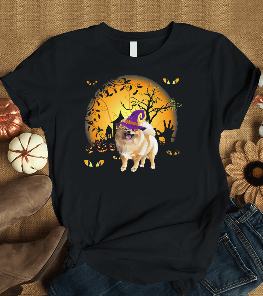Pomeranian Halloween Witch Hat Jack-O'-Lanterns Spooky Night T-Shirt