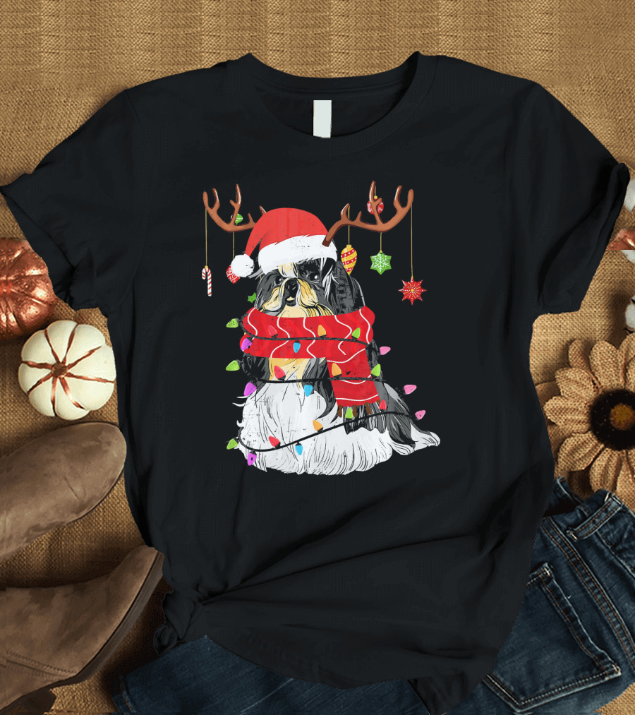 Shih Tzu Christmas Reindeer Antlers Lights and Santa Hat T-Shirt